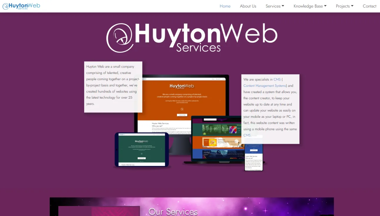 Showing information on Huyton Web Services bespoke website